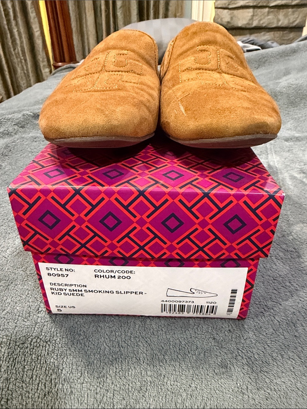 Tory Burch Camel Suede Slip-On Smoking Slipper